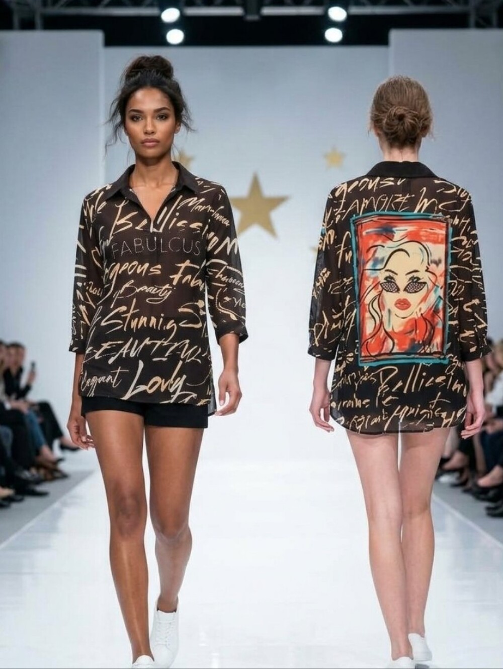 Ali Miles Black Button-Down Script Print Top with Rhinestone 'FABULOUS'